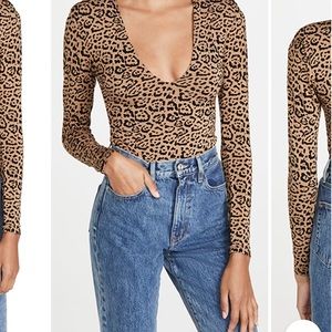 Good American Caramel Leopard Print Deep V Thong Bodysuit Size 3